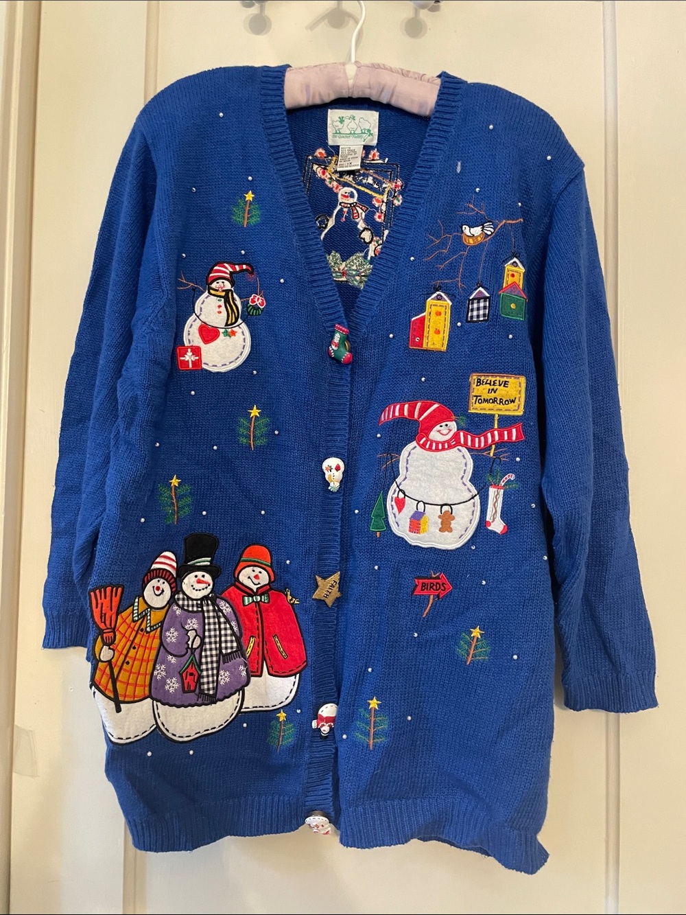 Vintage Blue Women's Holiday Snowman Cardigan Sweater